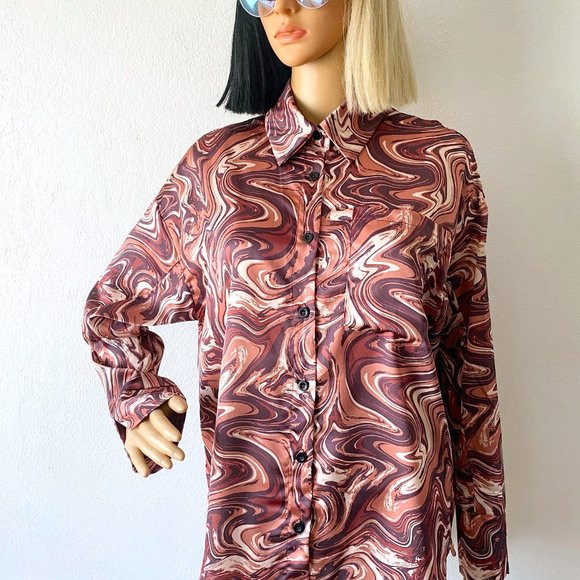 Swirl Print Button Up Blouse | Silky Blouse | Psychedelic Shirt | Funky Blouse S - Picture 2 of 9